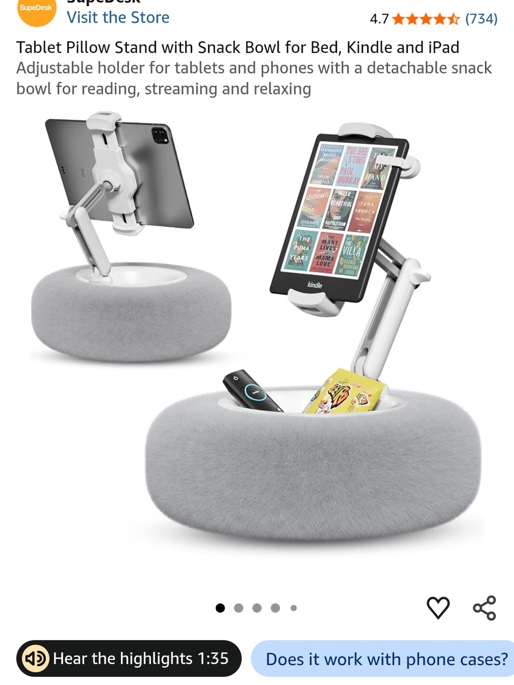 Tablet Pillow Stand with Snack Bowl - Gray -